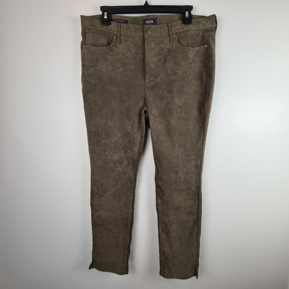 NYDJ Alina Skinny‎ Women's 12 Olive Green Lift Tuck Faux Suede Pants